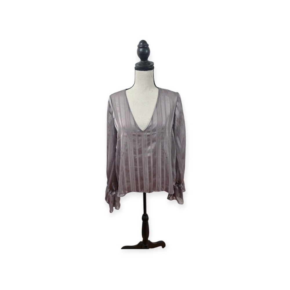 Lush V-Neck‎ Blouse Womens Medium Striped Bell Sleeve Tie Wrist Top